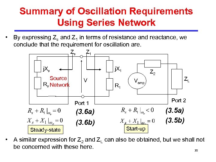 Summary of Oscillation Requirements Using Series Network • By expressing Zs and Z 1