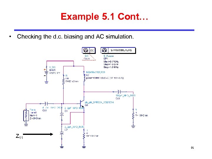 Example 5. 1 Cont… • Checking the d. c. biasing and AC simulation. Z