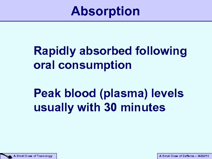 Absorption Rapidly absorbed following oral consumption Peak blood (plasma) levels usually with 30 minutes
