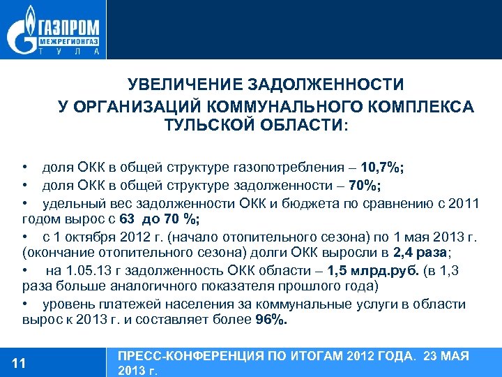 УВЕЛИЧЕНИЕ ЗАДОЛЖЕННОСТИ У ОРГАНИЗАЦИЙ КОММУНАЛЬНОГО КОМПЛЕКСА ТУЛЬСКОЙ ОБЛАСТИ: • доля ОКК в общей структуре