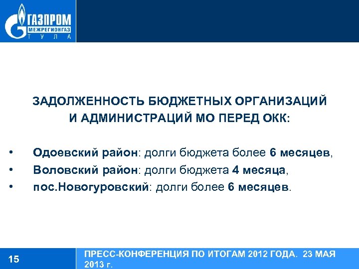 ЗАДОЛЖЕННОСТЬ БЮДЖЕТНЫХ ОРГАНИЗАЦИЙ И АДМИНИСТРАЦИЙ МО ПЕРЕД ОКК: • • • 15 Одоевский район: