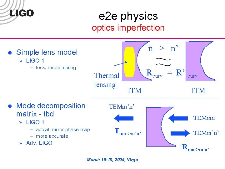 e 2 e physics optics imperfection l n > n’ Simple lens model »
