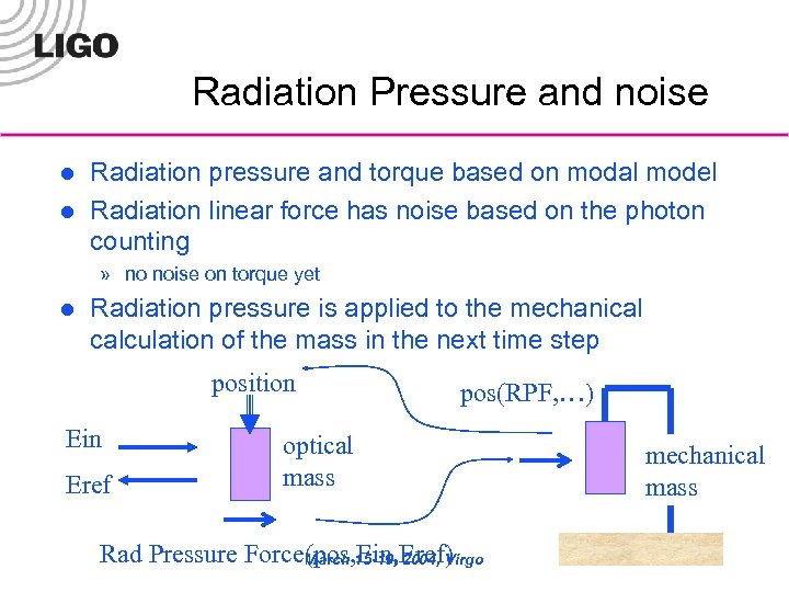 Radiation Pressure and noise l l Radiation pressure and torque based on modal model