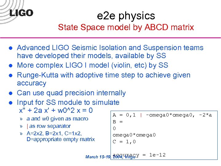 e 2 e physics State Space model by ABCD matrix l l l Advanced