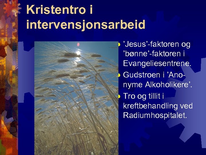 Kristentro i intervensjonsarbeid ® ’Jesus’-faktoren og ’bønne’-faktoren i Evangeliesentrene. ® Gudstroen i ’Anonyme Alkoholikere’.
