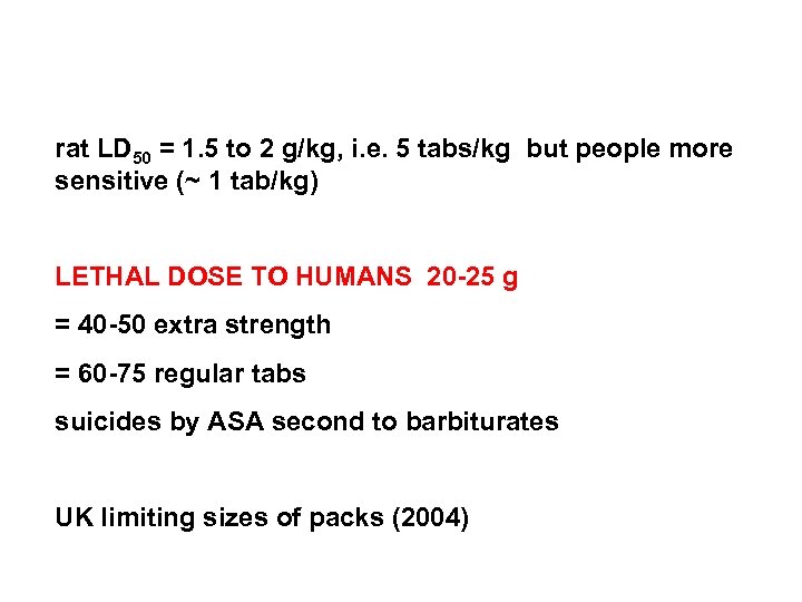 rat LD 50 = 1. 5 to 2 g/kg, i. e. 5 tabs/kg but