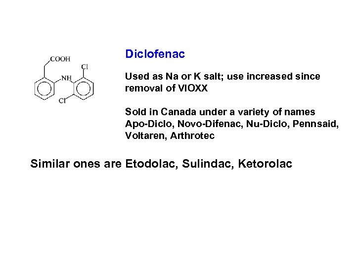 Diclofenac Used as Na or K salt; use increased since removal of VIOXX Sold