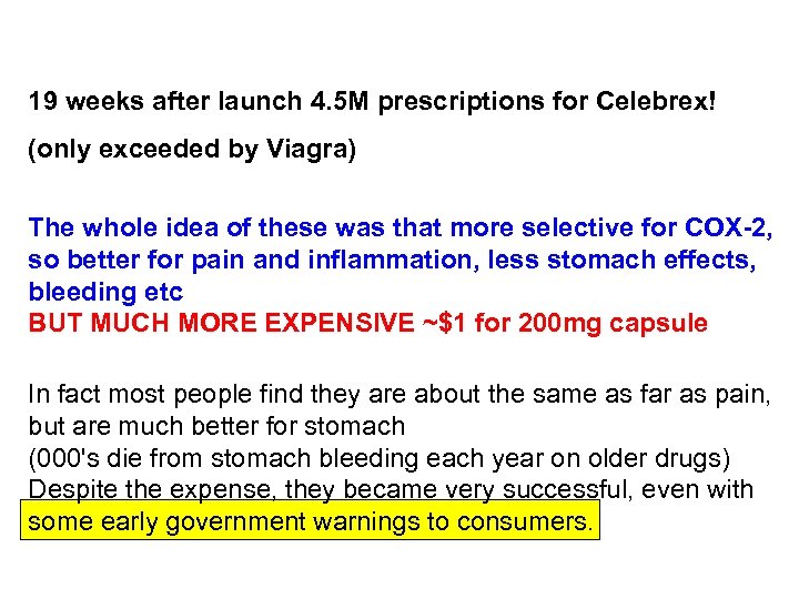 19 weeks after launch 4. 5 M prescriptions for Celebrex! (only exceeded by Viagra)