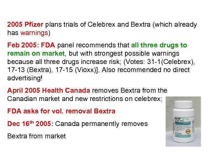 2005 Pfizer plans trials of Celebrex and Bextra (which already has warnings) Feb 2005: