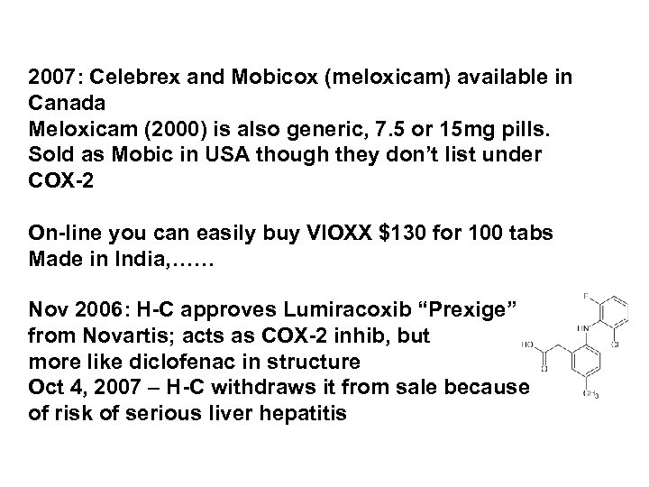 2007: Celebrex and Mobicox (meloxicam) available in Canada Meloxicam (2000) is also generic, 7.