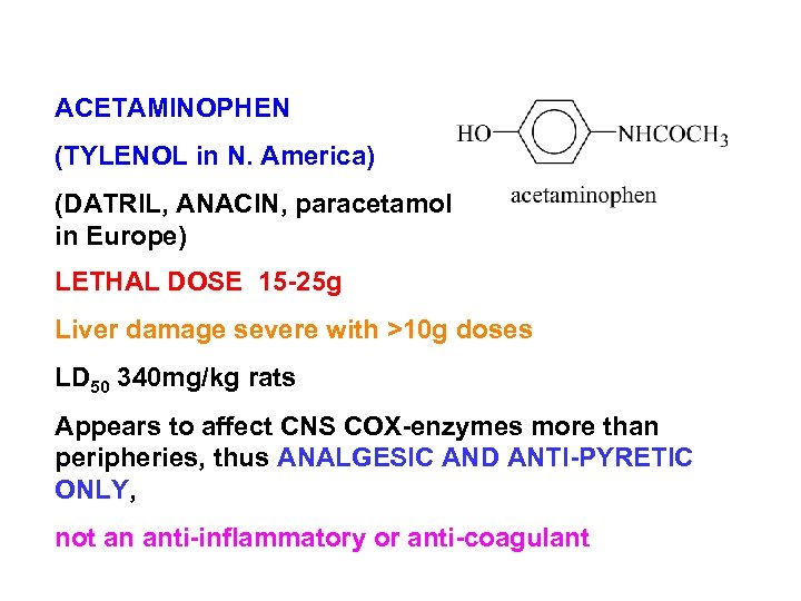 ACETAMINOPHEN (TYLENOL in N. America) (DATRIL, ANACIN, paracetamol in Europe) LETHAL DOSE 15 -25