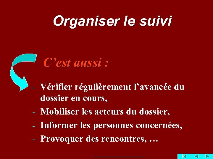 Organiser le suivi C’est aussi : - Vérifier régulièrement l’avancée du dossier en cours,