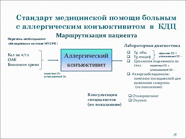 Стандарт медицинской помощи больным с аллергическим конъюктивитом в КДЦ Маршрутизация пациента Перечень необходимого обследования