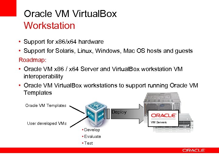 Oracle VM Virtual. Box Workstation • Support for x 86/x 64 hardware • Support