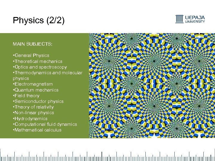 Physics (2/2) MAIN SUBJECTS: • General Physics • Theoretical mechanics • Optics and spectroscopy