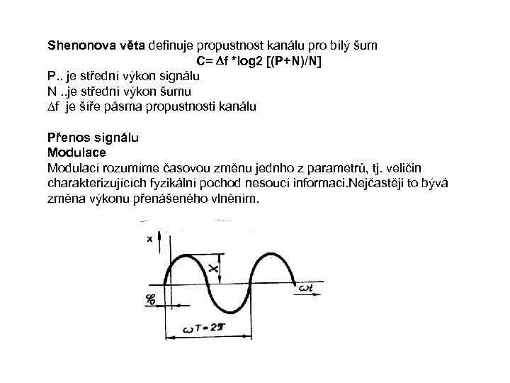 Shenonova věta definuje propustnost kanálu pro bílý šum C= Df *log 2 [(P+N)/N] P.