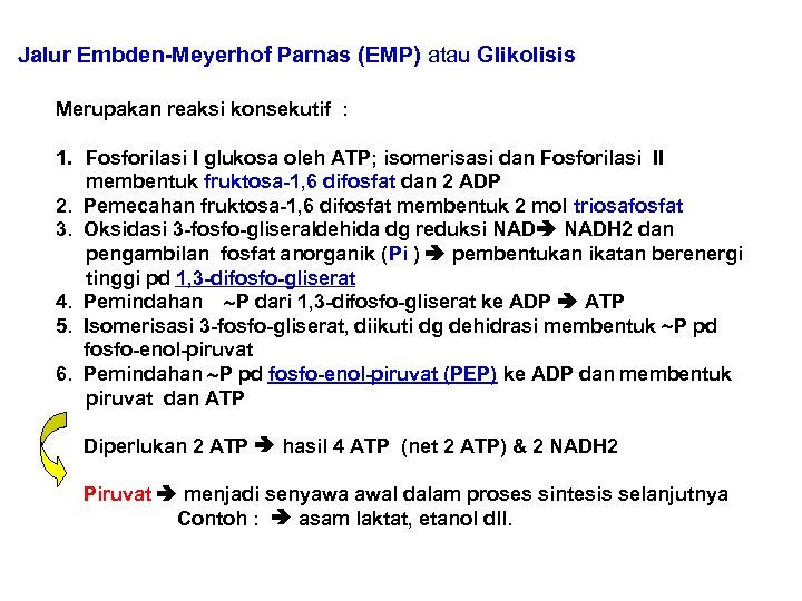 Jalur Embden-Meyerhof Parnas (EMP) atau Glikolisis Merupakan reaksi konsekutif : 1. Fosforilasi I glukosa