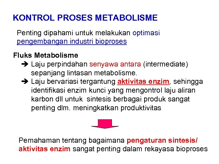 KONTROL PROSES METABOLISME Penting dipahami untuk melakukan optimasi pengembangan industri bioproses Fluks Metabolisme Laju