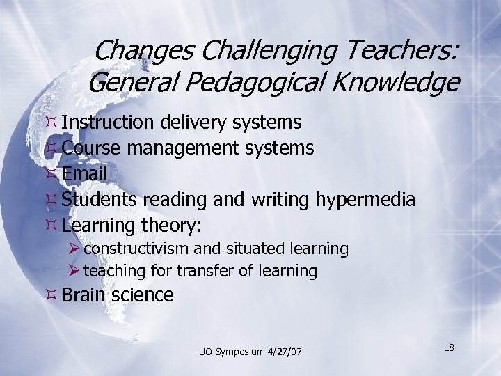 Changes Challenging Teachers: General Pedagogical Knowledge Instruction delivery systems Course management systems Email Students