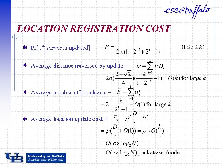 LOCATION REGISTRATION COST Pr[ ith server is updated] = Average distance traversed by update