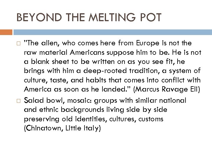 BEYOND THE MELTING POT ”The alien, who comes here from Europe is not the