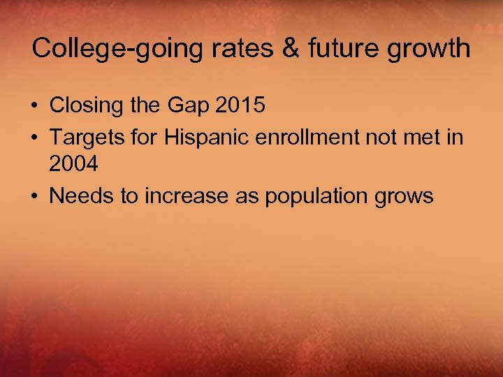 College-going rates & future growth • Closing the Gap 2015 • Targets for Hispanic