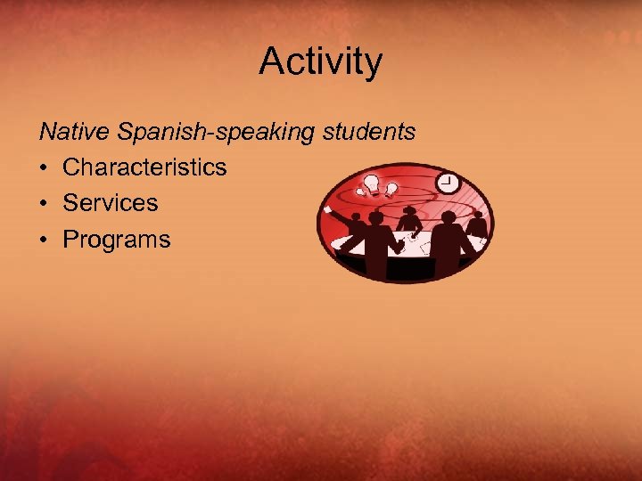 Activity Native Spanish-speaking students • Characteristics • Services • Programs 