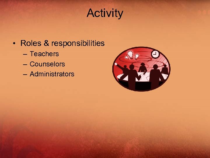 Activity • Roles & responsibilities – Teachers – Counselors – Administrators 