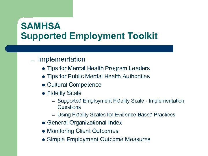 SAMHSA Supported Employment Toolkit – Implementation l l Tips for Mental Health Program Leaders
