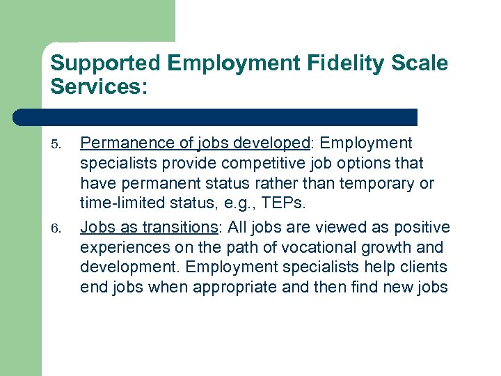 Supported Employment Fidelity Scale Services: 5. 6. Permanence of jobs developed: Employment specialists provide
