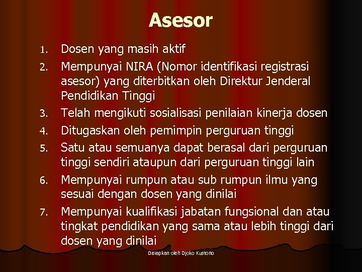 Asesor 1. 2. 3. 4. 5. 6. 7. Dosen yang masih aktif Mempunyai NIRA