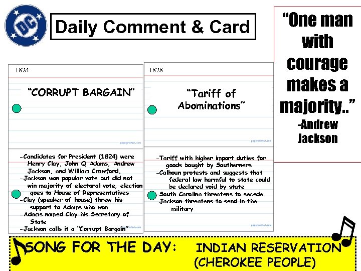 Daily Comment & Card 1824 1828 “CORRUPT BARGAIN” “Tariff of Abominations” “One man with