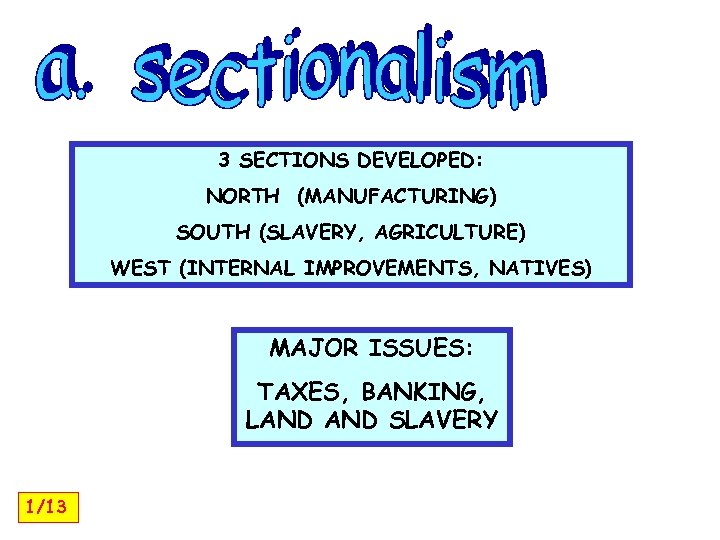 3 SECTIONS DEVELOPED: NORTH (MANUFACTURING) SOUTH (SLAVERY, AGRICULTURE) WEST (INTERNAL IMPROVEMENTS, NATIVES) MAJOR ISSUES: