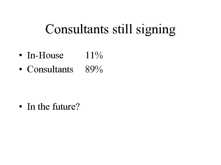 Consultants still signing • In-House • Consultants • In the future? 11% 89% 