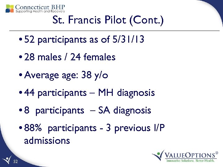 St. Francis Pilot (Cont. ) • 52 participants as of 5/31/13 • 28 males