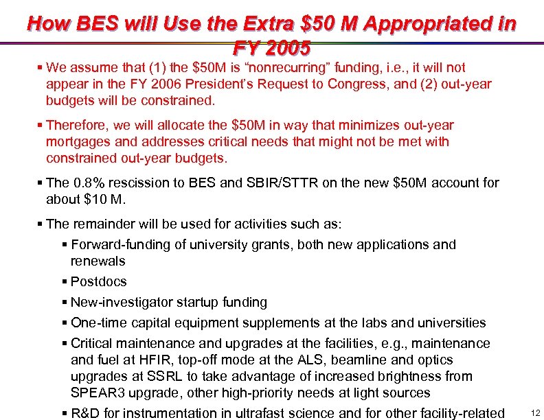 How BES will Use the Extra $50 M Appropriated in FY 2005 § We