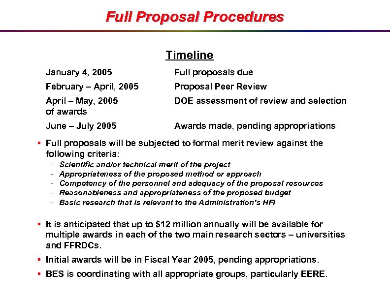 Full Proposal Procedures Timeline January 4, 2005 Full proposals due February – April, 2005