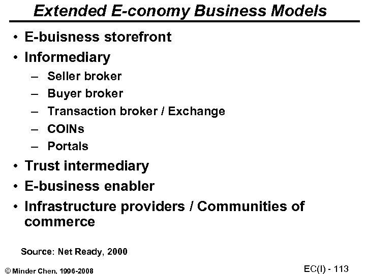 Extended E-conomy Business Models • E-buisness storefront • Informediary – – – Seller broker