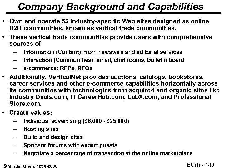 Company Background and Capabilities • Own and operate 55 industry-specific Web sites designed as