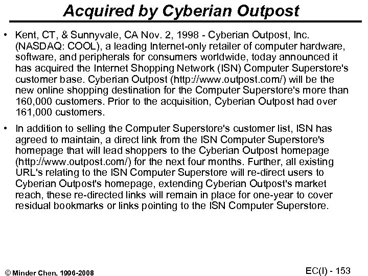 Acquired by Cyberian Outpost • Kent, CT, & Sunnyvale, CA Nov. 2, 1998 -