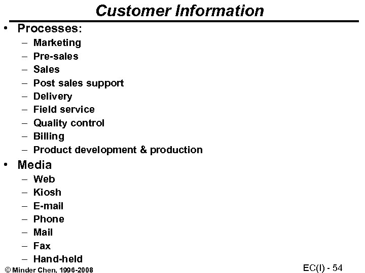 Customer Information • Processes: – – – – – Marketing Pre-sales Sales Post sales