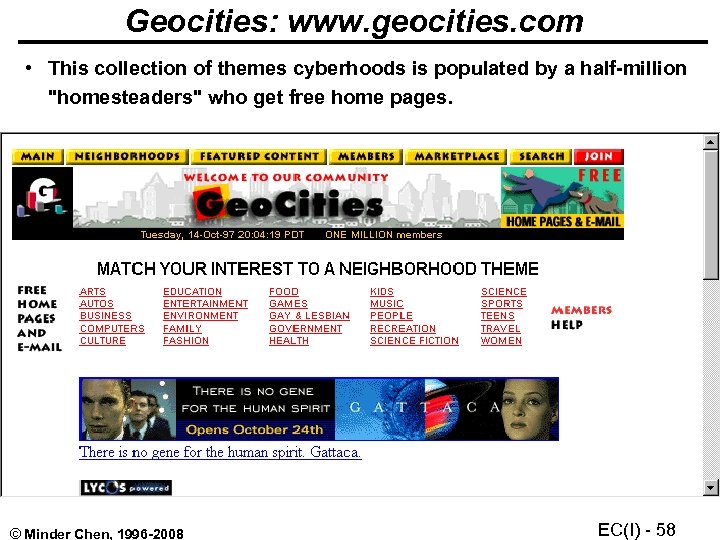 Geocities: www. geocities. com • This collection of themes cyberhoods is populated by a
