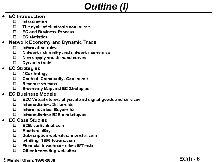 Outline (I) EC Introduction The cycle of electronic commerce EC and Business Process EC