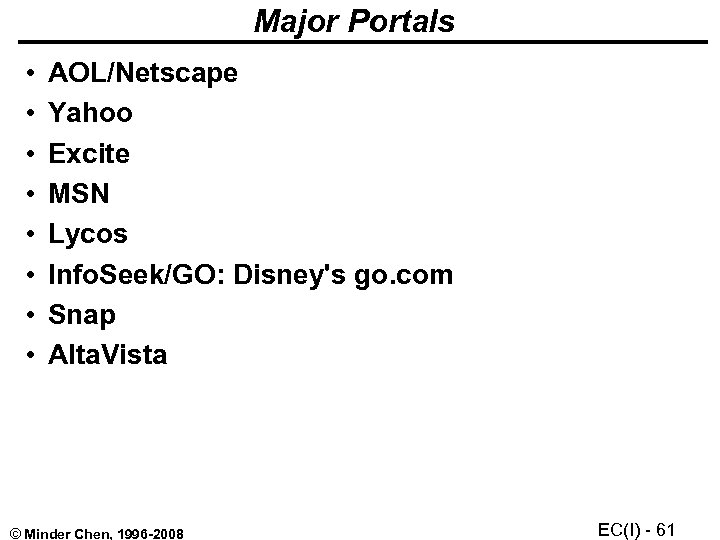 Major Portals • • AOL/Netscape Yahoo Excite MSN Lycos Info. Seek/GO: Disney's go. com