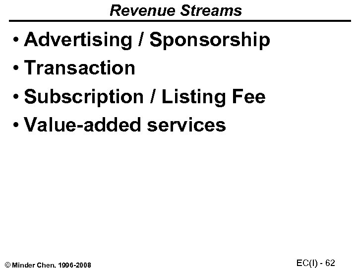 Revenue Streams • Advertising / Sponsorship • Transaction • Subscription / Listing Fee •