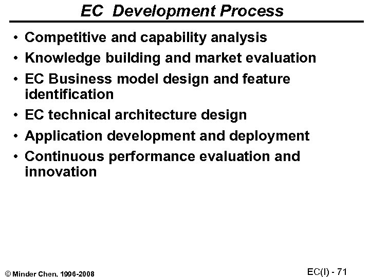 EC Development Process • Competitive and capability analysis • Knowledge building and market evaluation