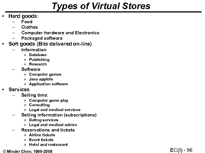 Types of Virtual Stores • Hard goods: – – Food Clothes Computer hardware and