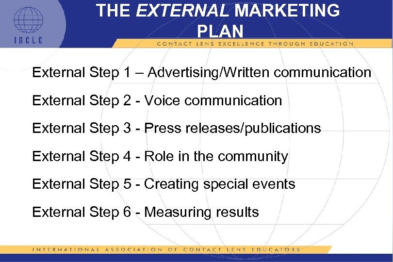 THE EXTERNAL MARKETING PLAN External Step 1 – Advertising/Written communication External Step 2 -