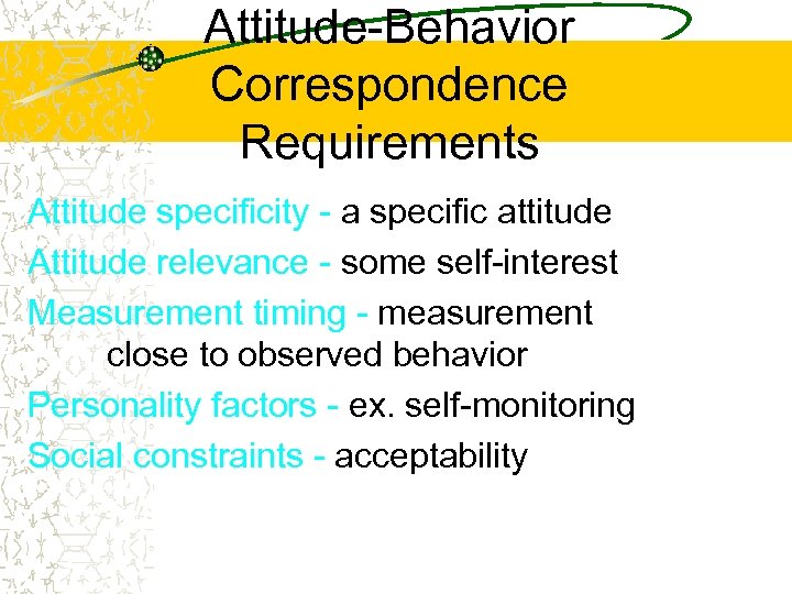 Attitude-Behavior Correspondence Requirements Attitude specificity - a specific attitude Attitude relevance - some self-interest