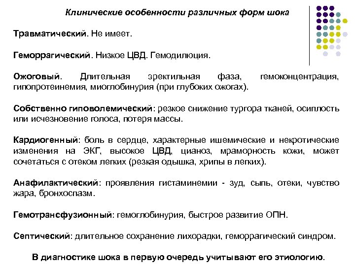 Клинические особенности различных форм шока Травматический. Не имеет. Геморрагический. Низкое ЦВД. Гемодилюция. Ожоговый. Длительная